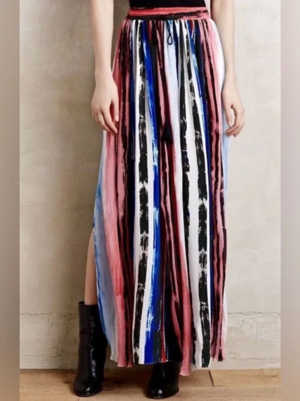 100% Silk Pleated Maxi Stripe Skirt - Size S